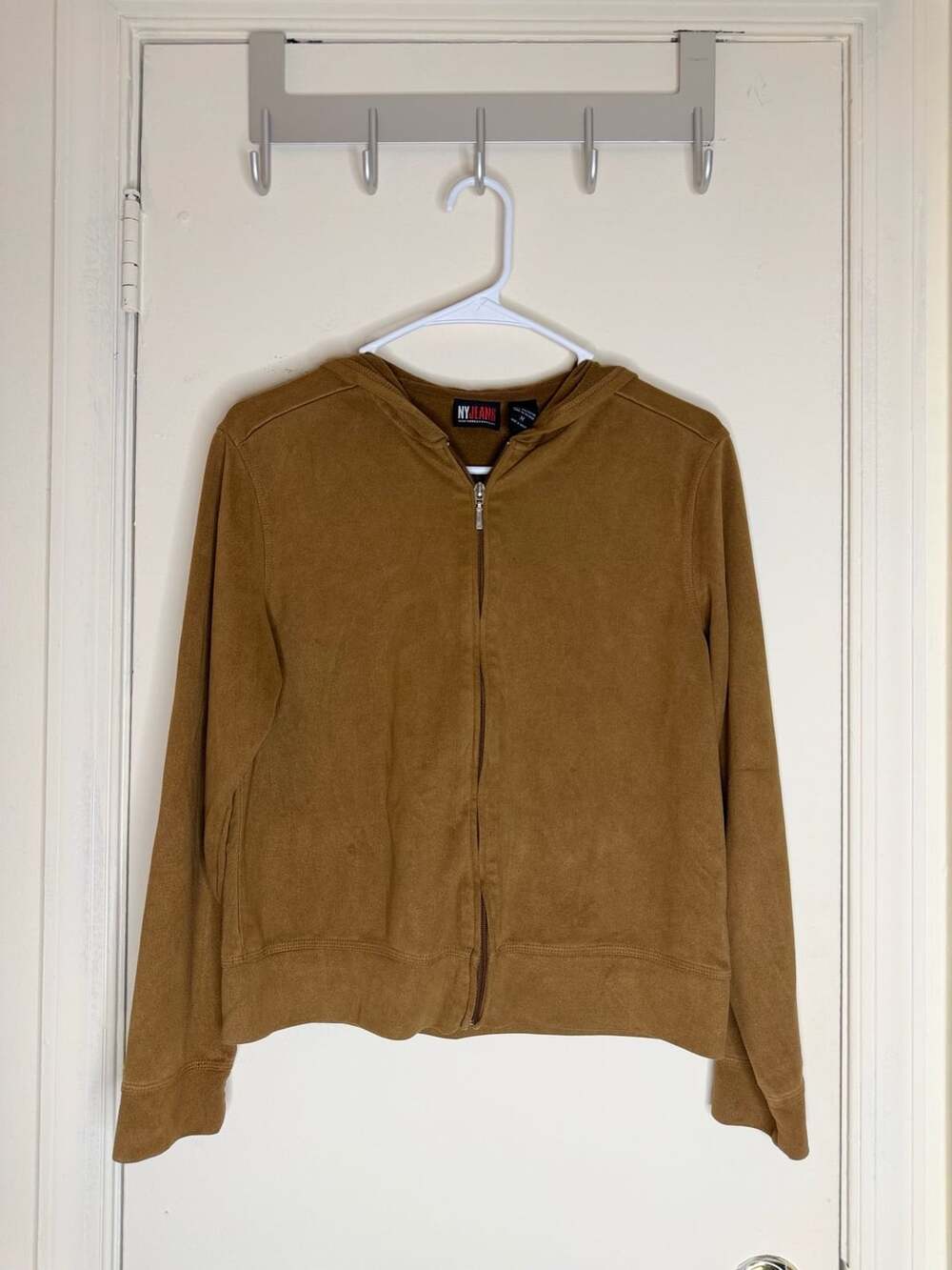 NY Jeans by New York & Company Brown Velour Zip-Up Hoodie Jacket